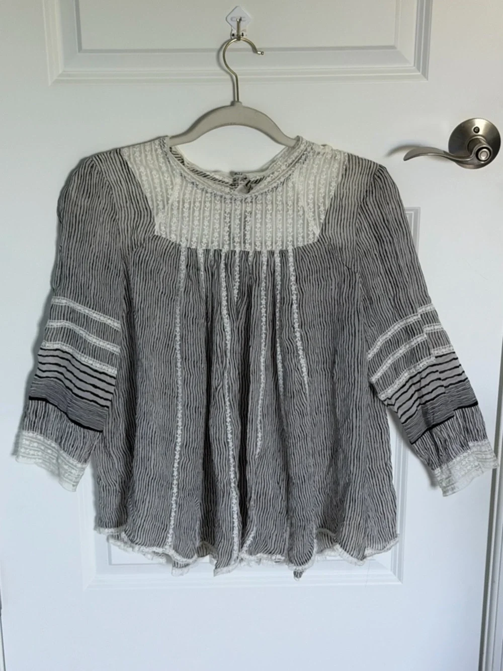 Anthropologie Floreat Black Reina Pleated Lace Striped Blouse Large 39636